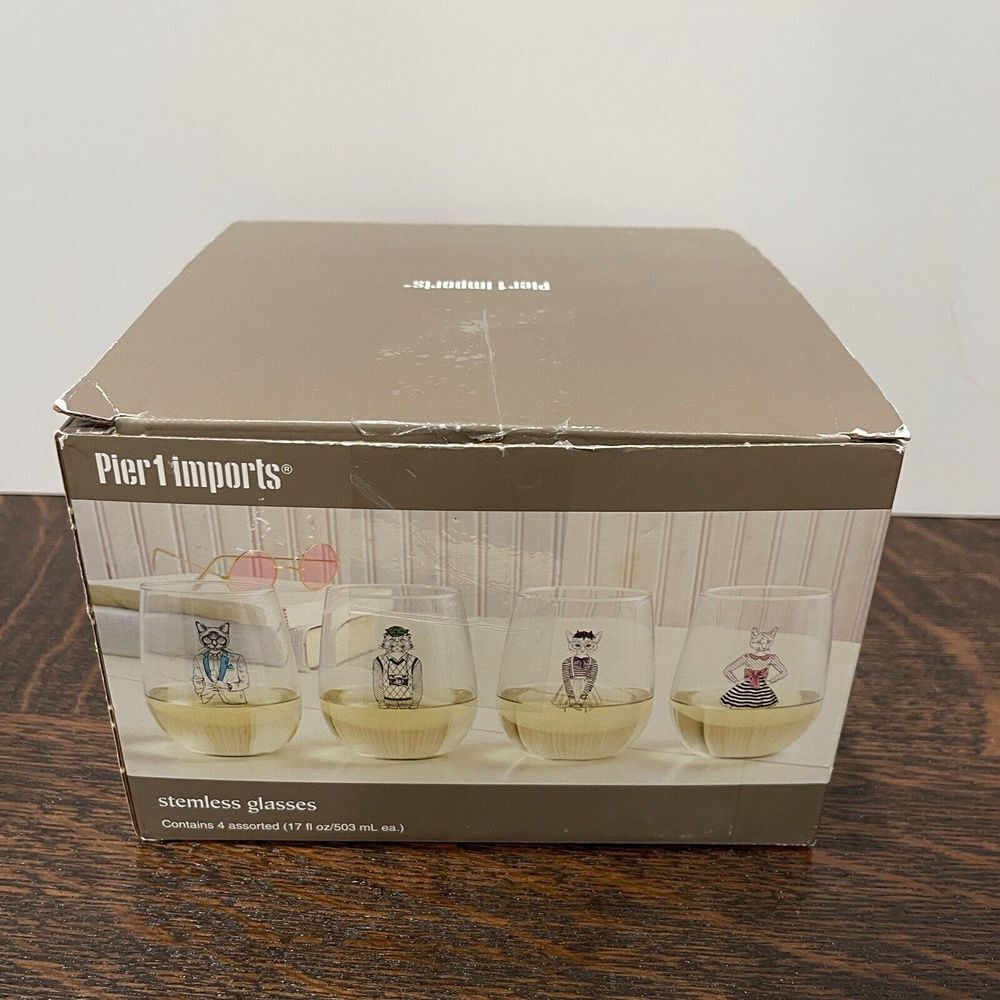 Pier 1 Imports Royal Leerdam Stemless‎ Wine Glasses Set of 4 Cats Party Rare